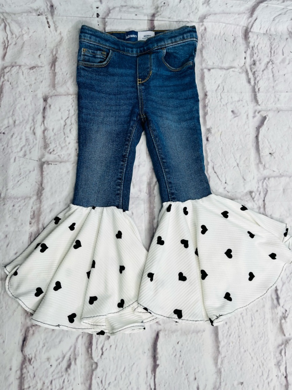 Girls Flare Jeans Size 3T Boho Ruffle Heart Pants Handmade Toddler Clothing